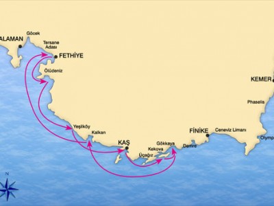 Mapa de la ruta Fethiye - Kekova
