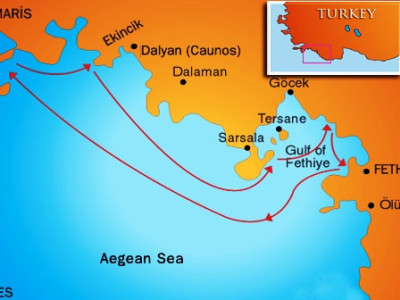 Mapa de la ruta Fethiye - Marmaris